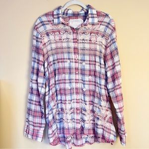Johnny Was Plaid Embroidered Button Down